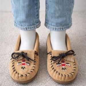 Minnetonka Tan Kids Moccasins with Red and Black Accents